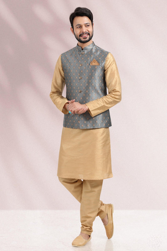 Grey Colour Jacquard Banarasi Silk Kurta Pajama With Jacket