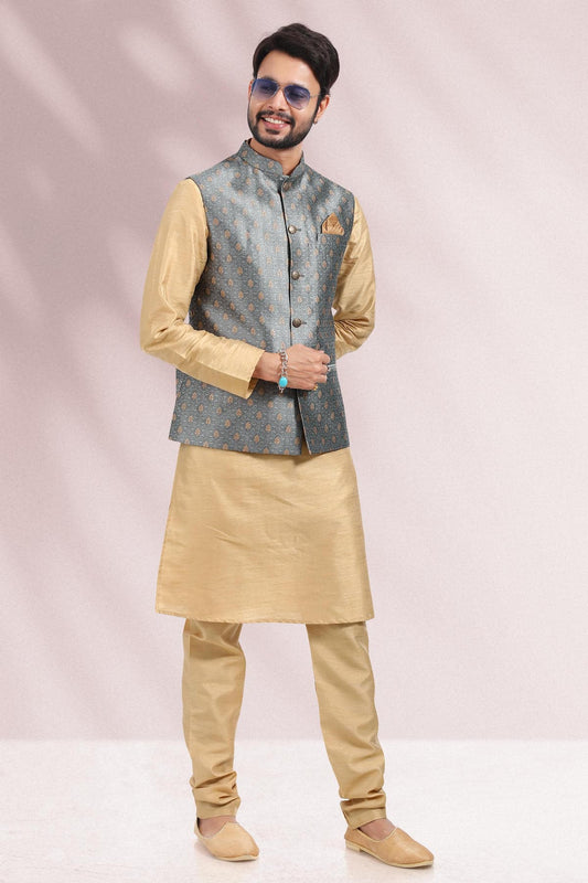Grey Colour Jacquard Banarasi Silk Kurta Pajama With Jacket
