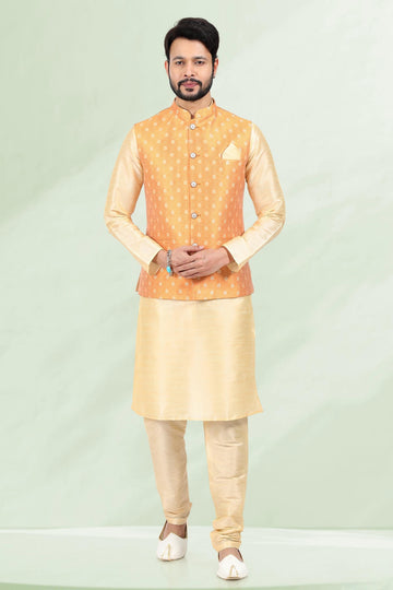 Fire Colour Jacquard Banarasi Silk Kurta Pajama With Jacket