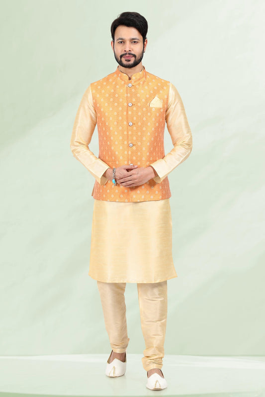 Fire Colour Jacquard Banarasi Silk Kurta Pajama With Jacket