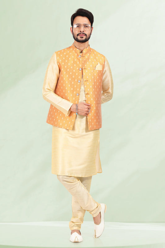Fire Colour Jacquard Banarasi Silk Kurta Pajama With Jacket