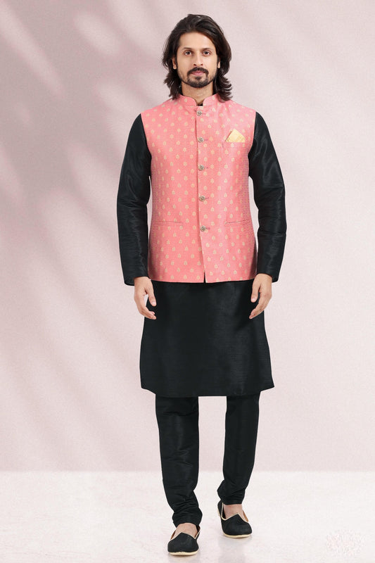 Pink Colour Jacquard Banarasi Silk Kurta Pajama With Jacket
