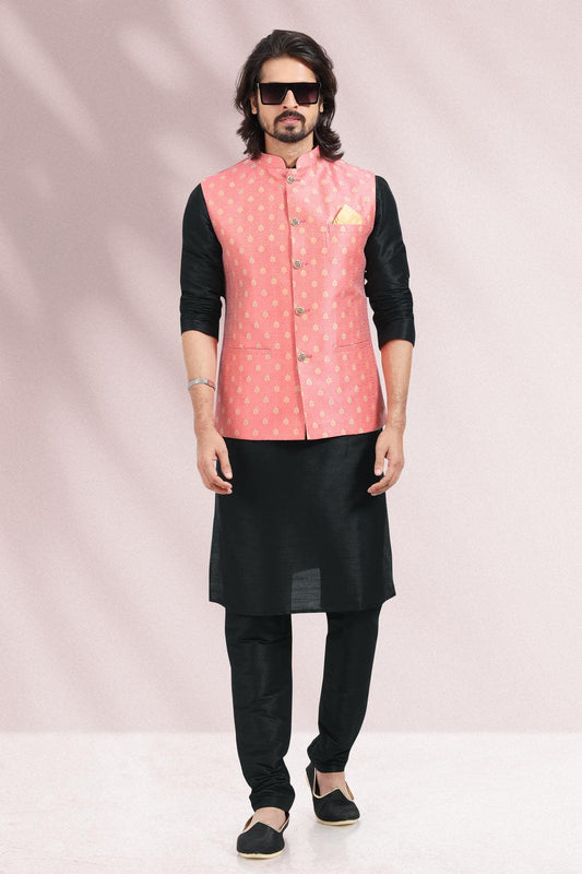 Pink Colour Jacquard Banarasi Silk Kurta Pajama With Jacket