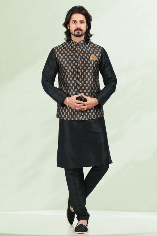 Black Colour Jacquard Banarasi Silk Kurta Pajama With Jacket