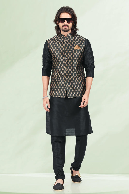Black Colour Jacquard Banarasi Silk Kurta Pajama With Jacket