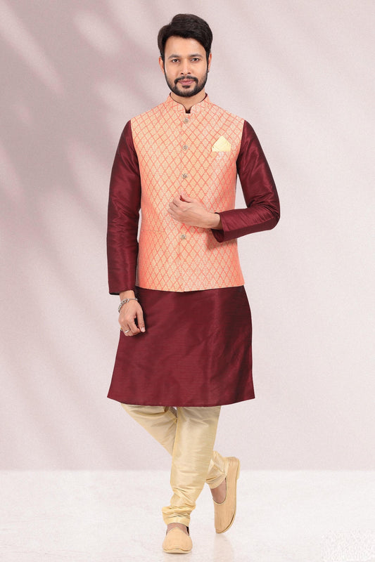 Peach Colour Jacquard Banarasi Silk Kurta Pajama With Jacket