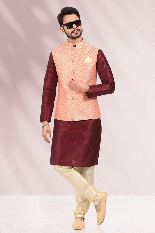 Peach Colour Jacquard Banarasi Silk Kurta Pajama With Jacket