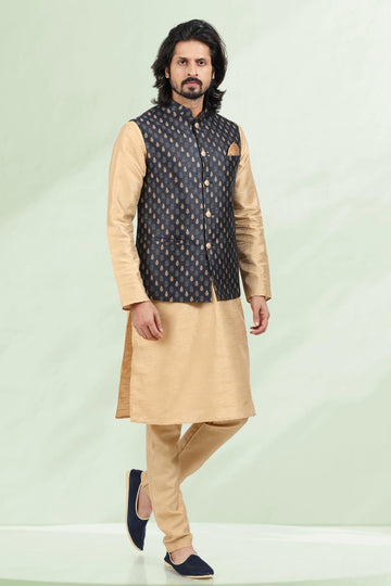 Blue Colour Jacquard Banarasi Silk Kurta Pajama With Jacket