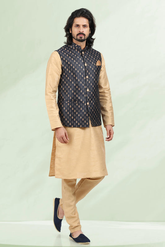 Blue Colour Jacquard Banarasi Silk Kurta Pajama With Jacket