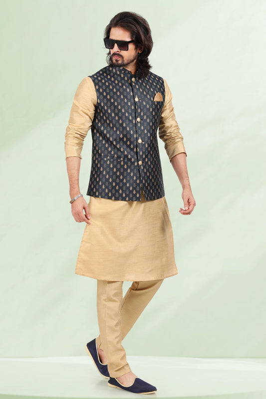 Blue Colour Jacquard Banarasi Silk Kurta Pajama With Jacket