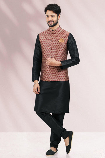 Maroon Colour Jacquard Banarasi Silk Kurta Pajama With Jacket