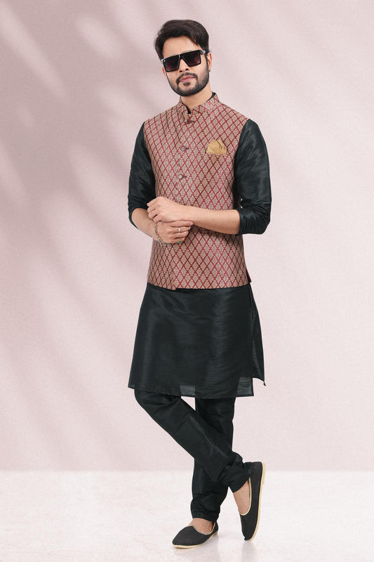 Maroon Colour Jacquard Banarasi Silk Kurta Pajama With Jacket