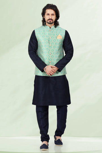 Pista Green Colour Jacquard Banarasi Silk Kurta Pajama With Jacket