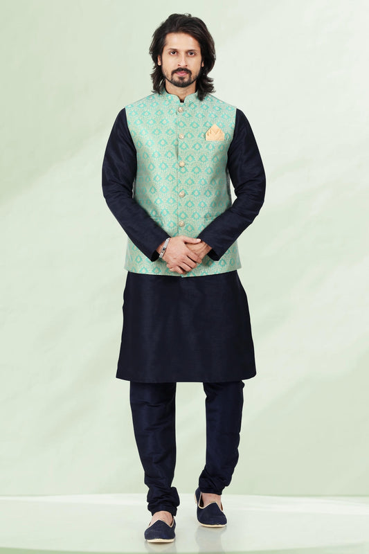 Pista Green Colour Jacquard Banarasi Silk Kurta Pajama With Jacket