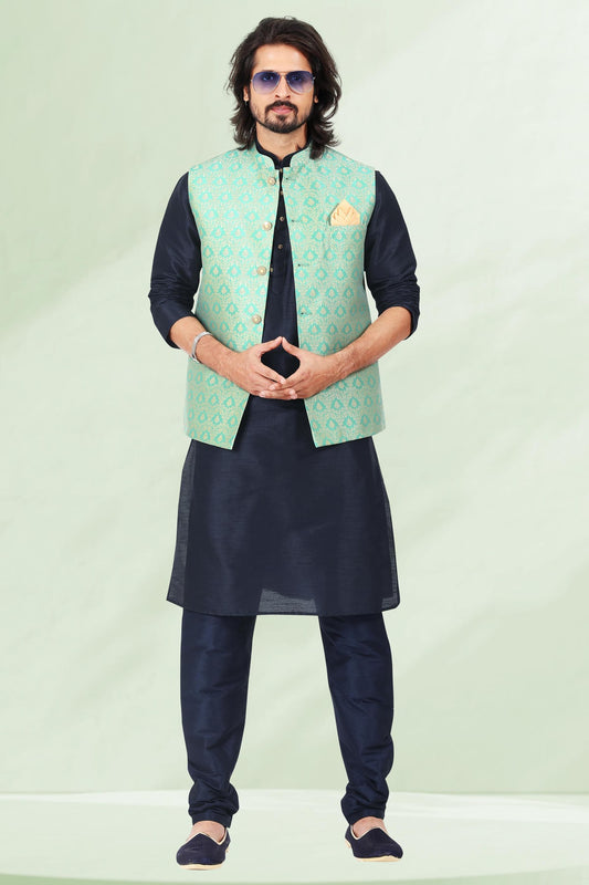 Pista Green Colour Jacquard Banarasi Silk Kurta Pajama With Jacket