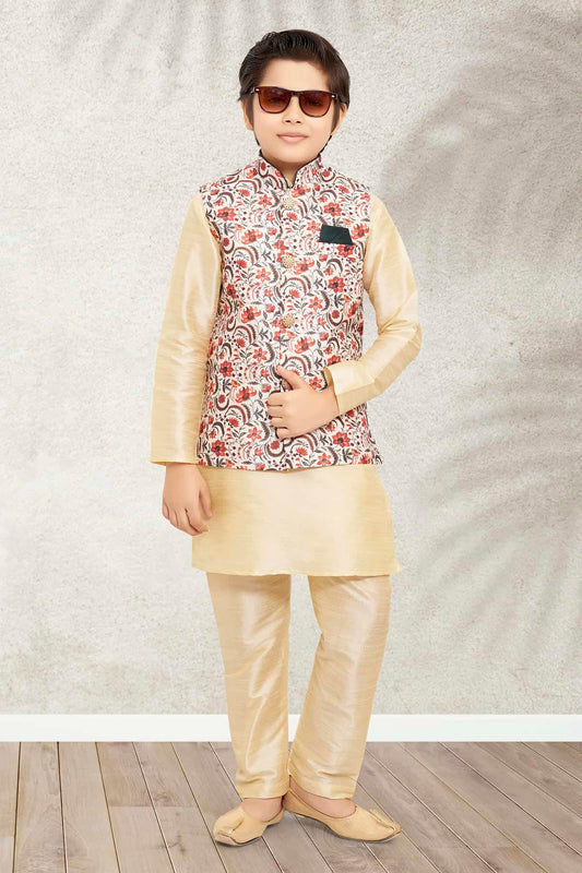 Banarasi Silk Digital Printed Cream Colour 3 Pcs Jacket Set