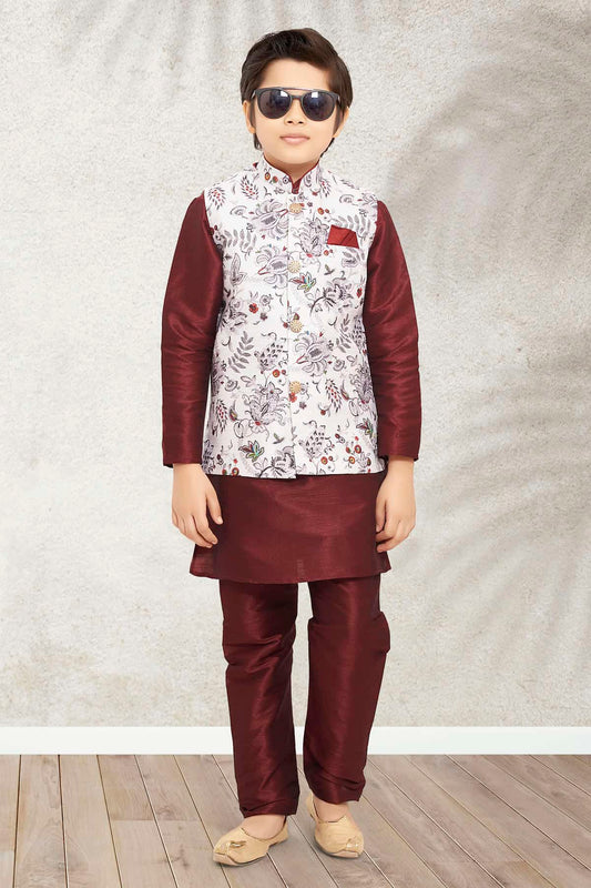 Banarasi Silk Digital Printed Off White Colour 3 Pcs Jacket Set