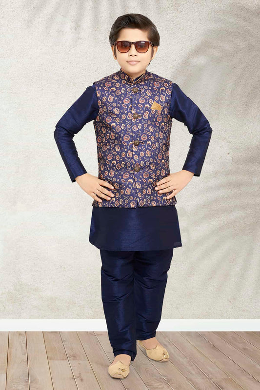 Banarasi Silk Digital Printed Blue Colour 3 Pcs Jacket Set