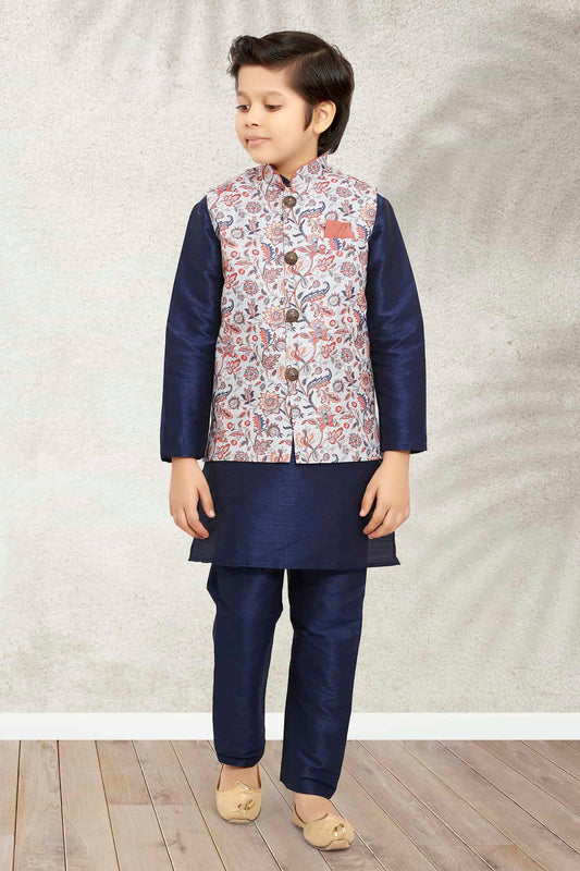 Banarasi Silk Digital Printed Blue Colour 3 Pcs Jacket Set