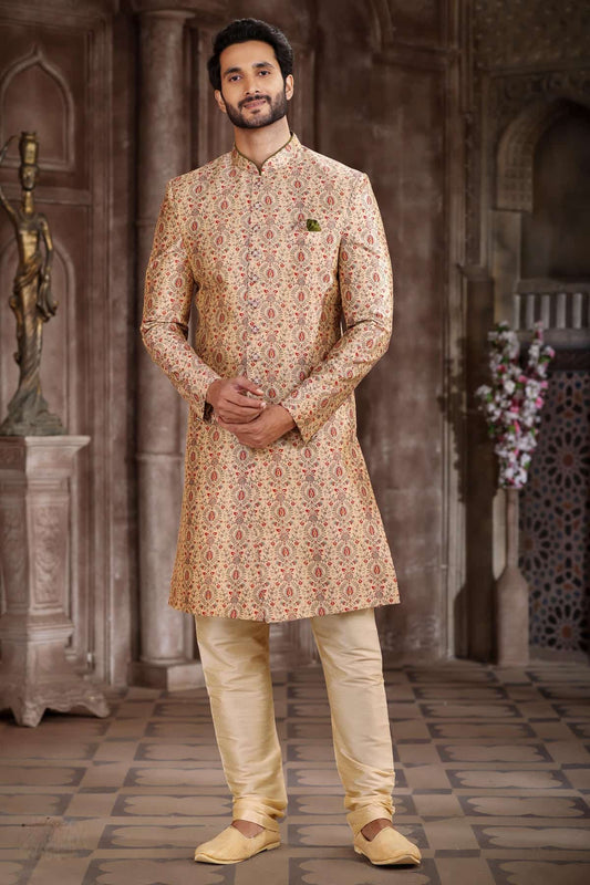 Art Silk Beige Colour Digital Printed Work Indo Western Sherwani