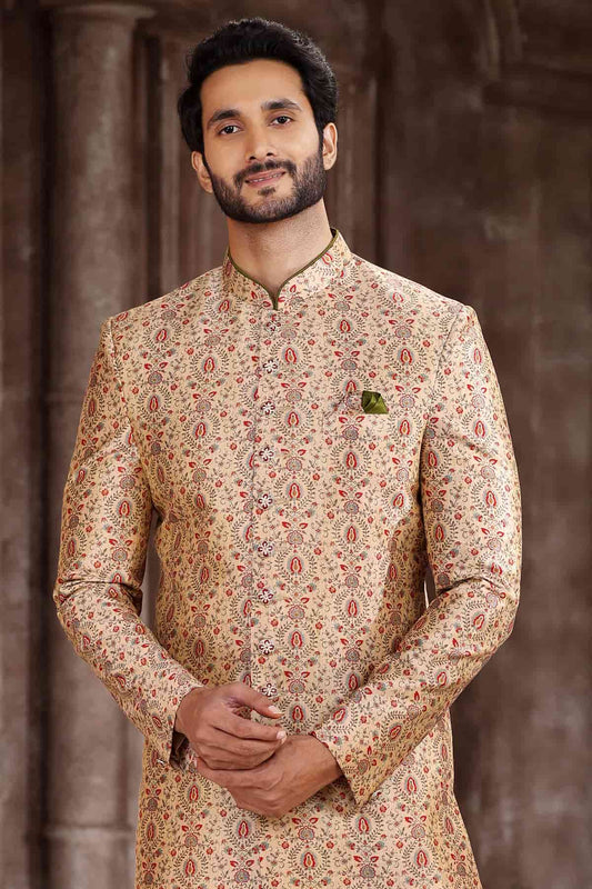 Art Silk Beige Colour Digital Printed Work Indo Western Sherwani