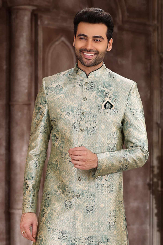 Art Silk Light Green Colour Digital Printed Work Indo Western Sherwani