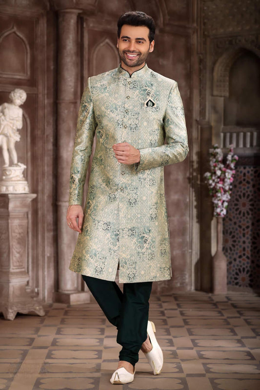 Art Silk Light Green Colour Digital Printed Work Indo Western Sherwani