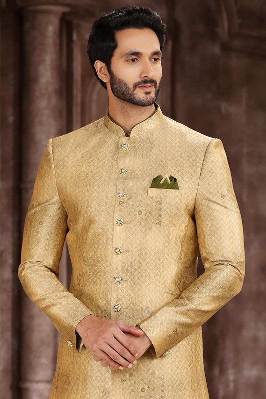 Art Silk Yellow Colour Digital Printed Work Indo Western Sherwani