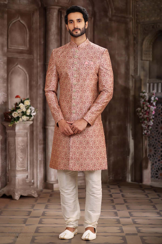 Art Silk Rust Peach Colour Digital Printed Work Indo Western Sherwani