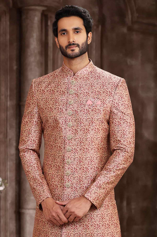 Art Silk Rust Peach Colour Digital Printed Work Indo Western Sherwani