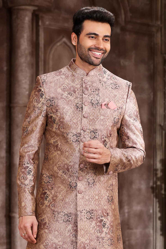 Art Silk Peach Colour Digital Printed Work Indo Western Sherwani