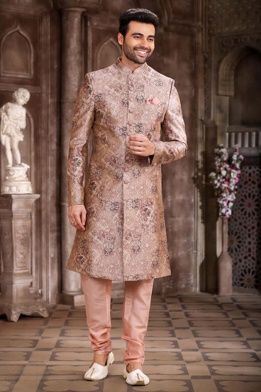 Art Silk Peach Colour Digital Printed Work Indo Western Sherwani