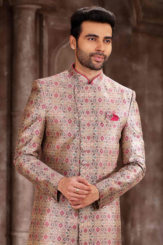 Art Silk Rani Pink Colour Digital Printed Work Indo Western Sherwani