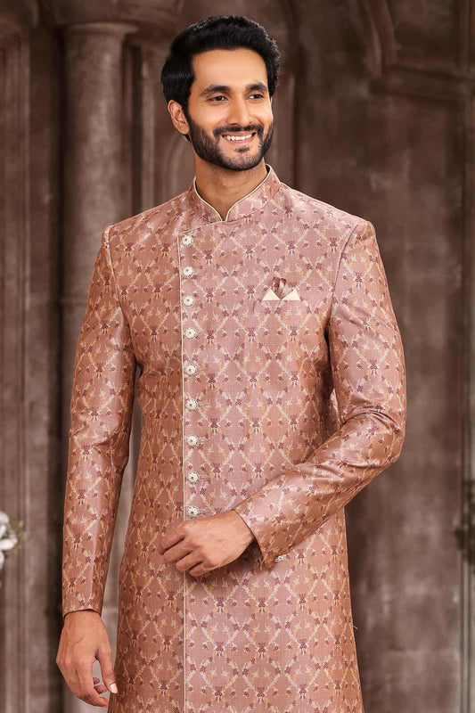Art Silk Dusty Peach Colour Digital Printed Work Indo Western Sherwani