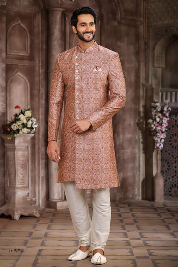 Art Silk Dusty Peach Colour Digital Printed Work Indo Western Sherwani
