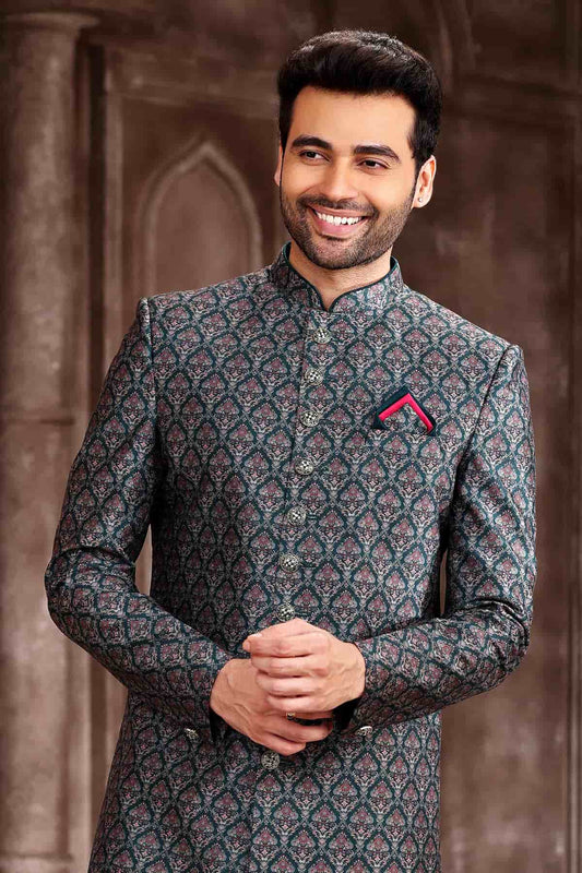 Art Silk Green Colour Digital Printed Work Indo Western Sherwani