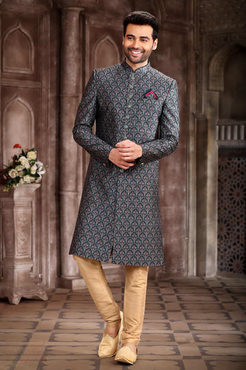 Art Silk Green Colour Digital Printed Work Indo Western Sherwani