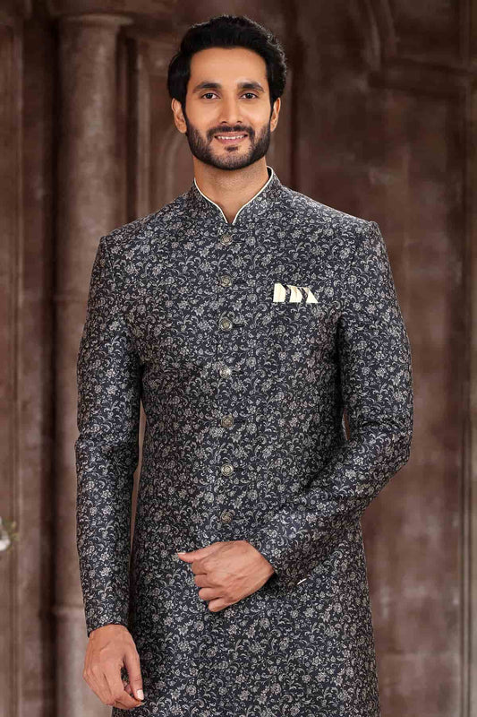 Art Silk Grey And Black Colour Digital Printed Work Indo Western Sherwani