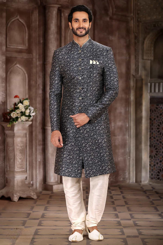 Art Silk Grey And Black Colour Digital Printed Work Indo Western Sherwani