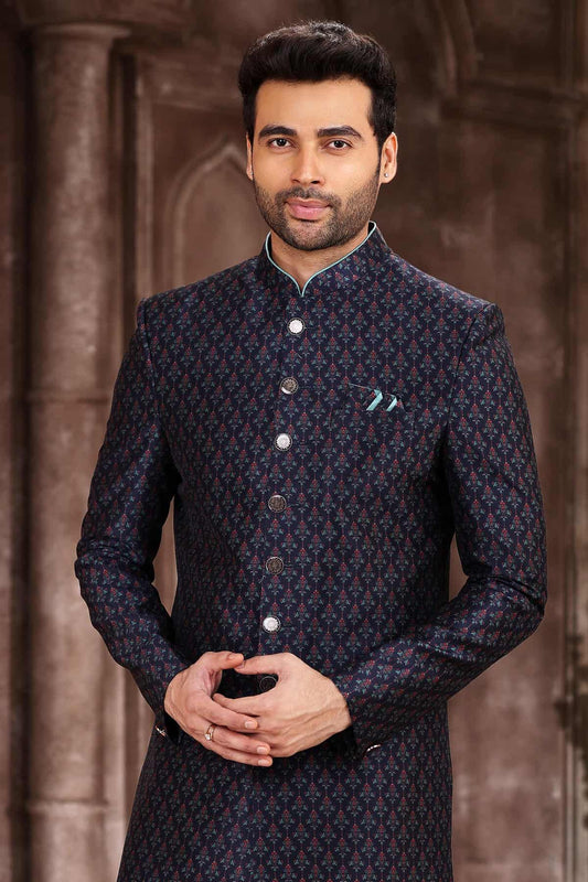Art Silk Blue Colour Digital Printed Work Indo Western Sherwani