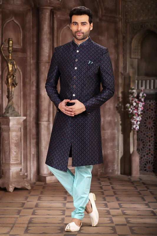 Art Silk Blue Colour Digital Printed Work Indo Western Sherwani