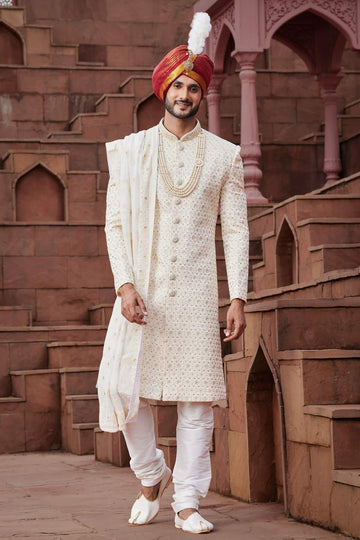 Cream Colour Art Silk Thread Embroidery Work Sherwani