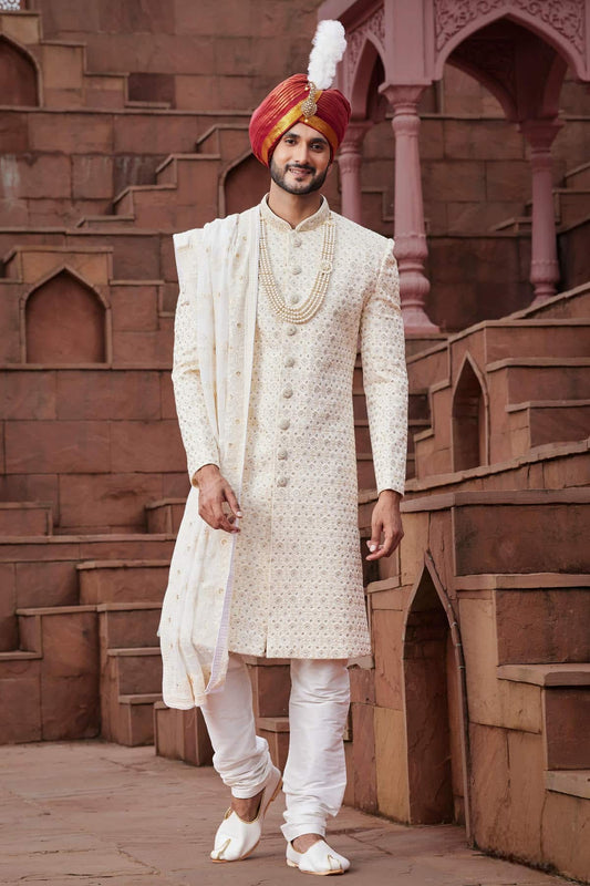 Cream Colour Art Silk Thread Embroidery Work Sherwani
