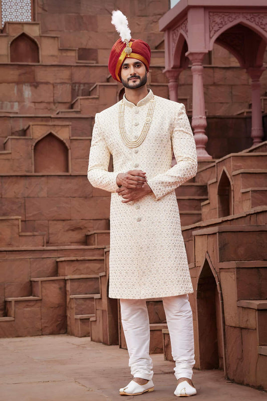 Cream Colour Art Silk Thread Embroidery Work Sherwani