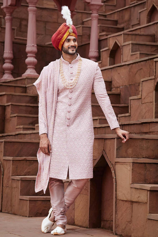 Onion Colour Art Silk Thread Embroidery Work Sherwani