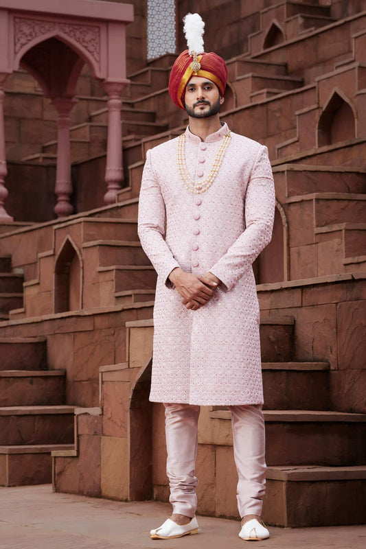 Onion Colour Art Silk Thread Embroidery Work Sherwani