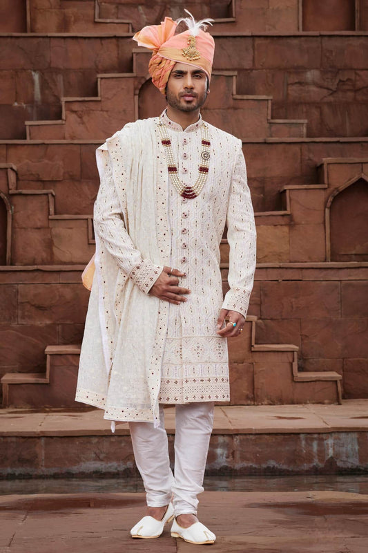 Cream Colour Georgette Thread Embroidery Work Sherwani