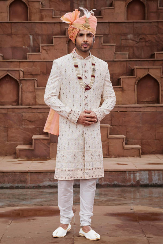 Cream Colour Georgette Thread Embroidery Work Sherwani