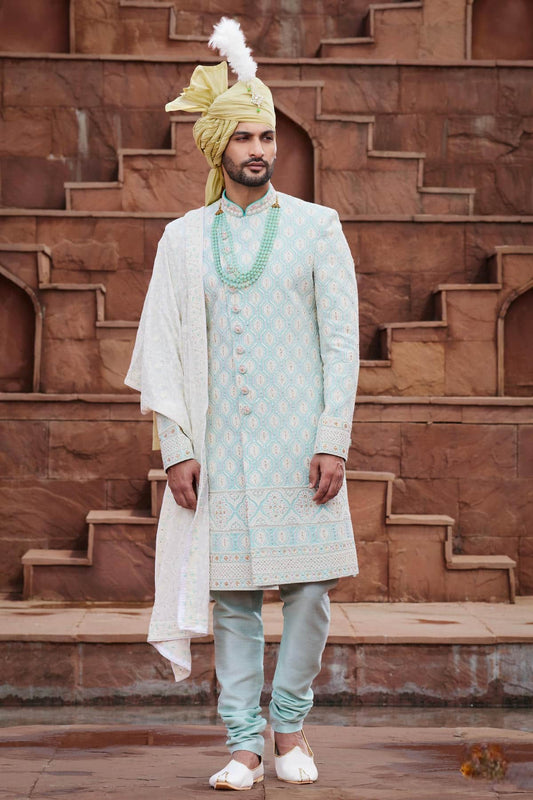 Pista Green Colour Georgette Thread Embroidery Work Sherwani