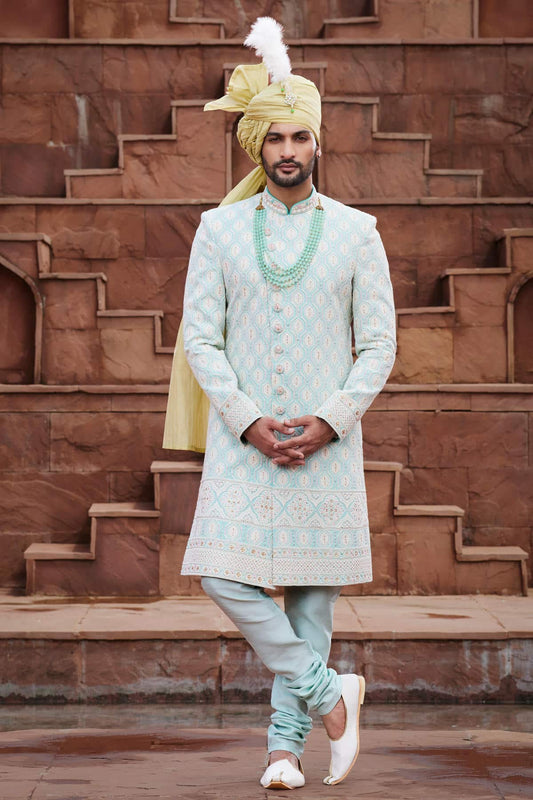 Pista Green Colour Georgette Thread Embroidery Work Sherwani